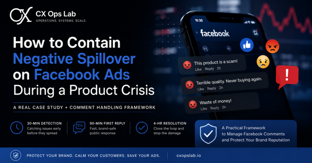 Facebook ad comment crisis response workflow showing detection to resolution timeline