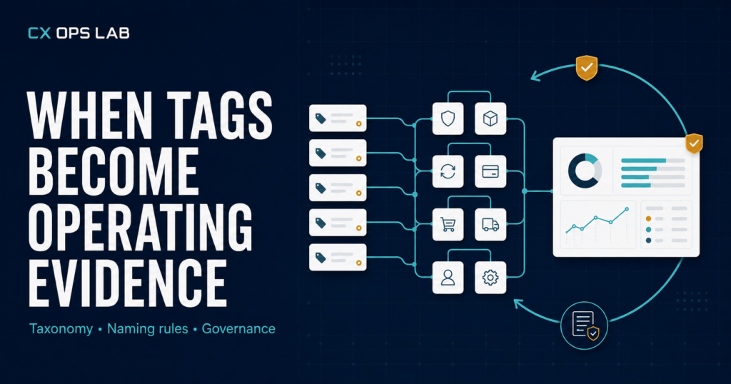 Customer support tagging strategy tag tree connecting frontline labels to a reporting loop