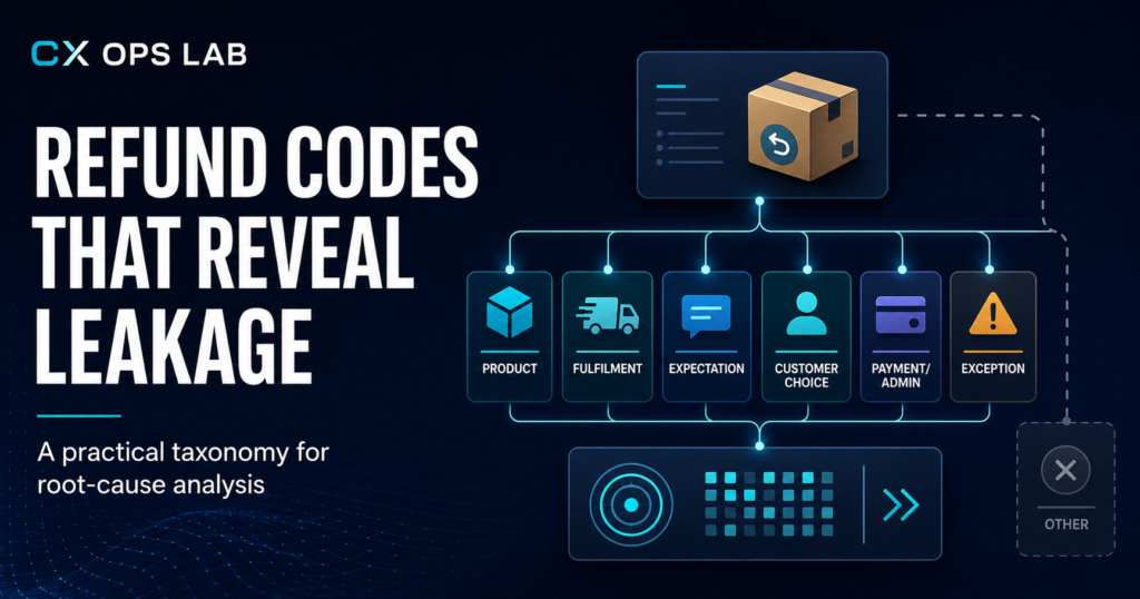 Refund reason codes ecommerce taxonomy diagram showing six categories